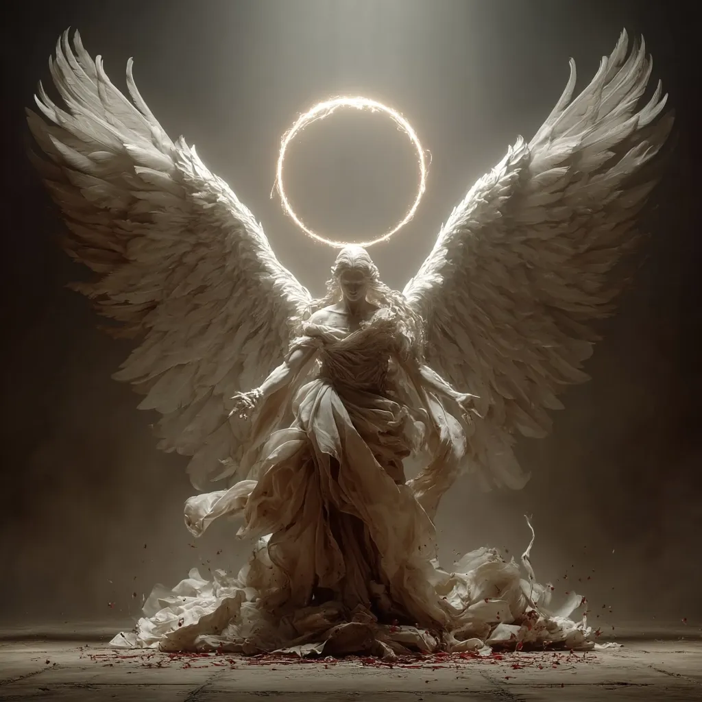 A majestic angel statue, rendered in a hyperrealistic style, stands amidst a swirling cloud of fabric.  Large, feathered wings extend from its back, and a luminous halo encircles its head.  The angel's flowing robe appears sculpted from marble, and scattered red droplets on the ground hint at a dramatic narrative. The overall mood is both ethereal and powerful.