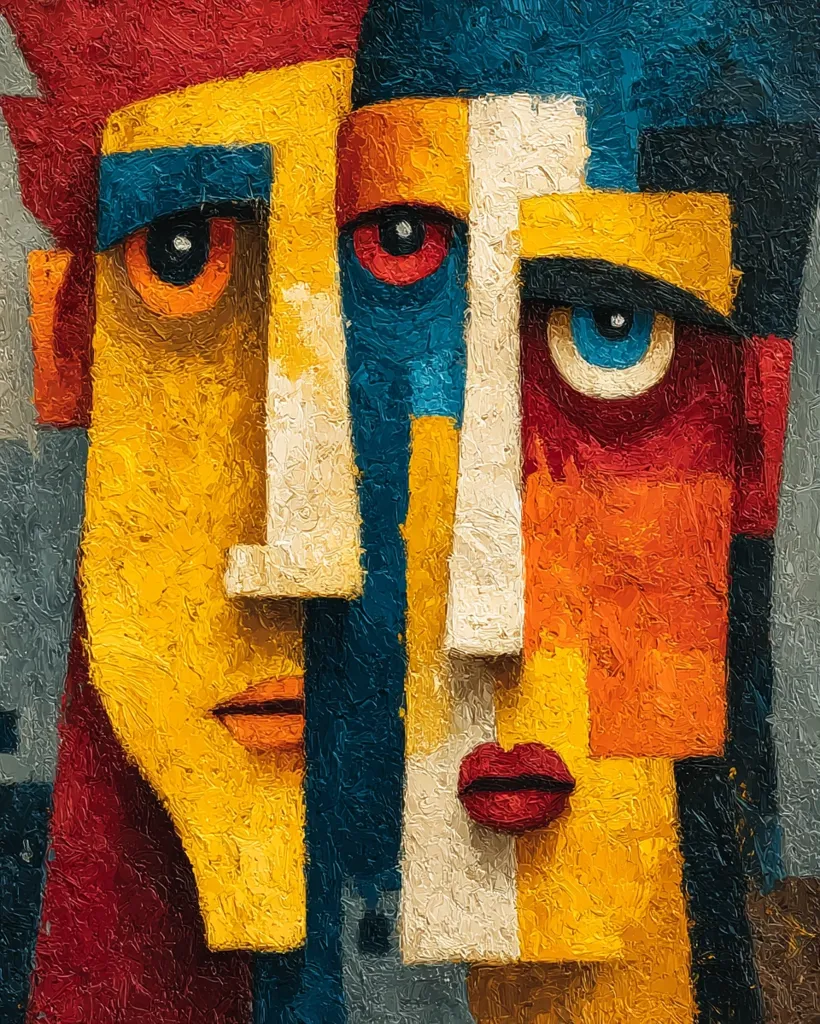 A vibrant, abstract painting depicts two faces intertwined.  Bold strokes of yellow, red, blue, and white create a cubist-style composition.  The faces are partially merged, their features fragmented yet expressive.  The thick impasto texture adds depth and a tactile quality to the artwork, suggesting emotion and intimacy through the geometric forms.  The overall effect is both striking and emotionally resonant.