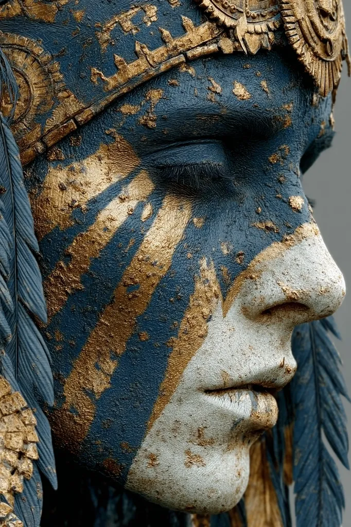 Close-up of a stylized face, adorned with intricate gold and dark blue paint, resembling tribal markings.  A golden headdress with ornate detailing frames the face.  The texture is rough and slightly weathered, giving a sense of age and resilience.  Feathers frame the sides, adding to the overall indigenous aesthetic. The expression is serene and contemplative.