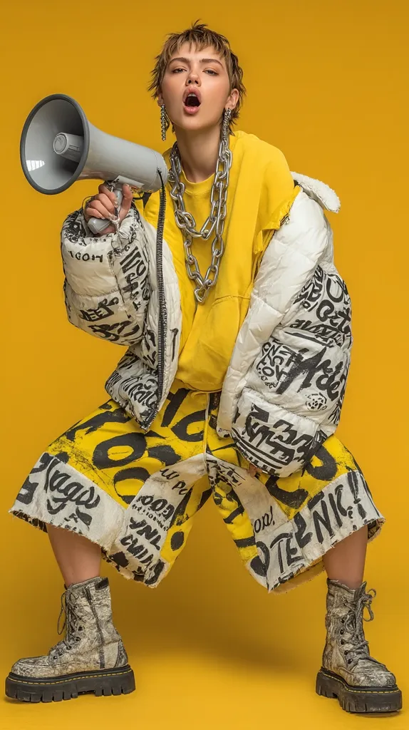 A young woman with short, choppy hair makes a statement in a vibrant yellow and white graffiti-printed outfit.  She's wearing a puffy white jacket adorned with black lettering, matching graffiti shorts, and chunky combat boots.  Holding a megaphone, she projects confidence and attitude against a bold yellow backdrop.  Her large silver chain necklace adds to the edgy style.