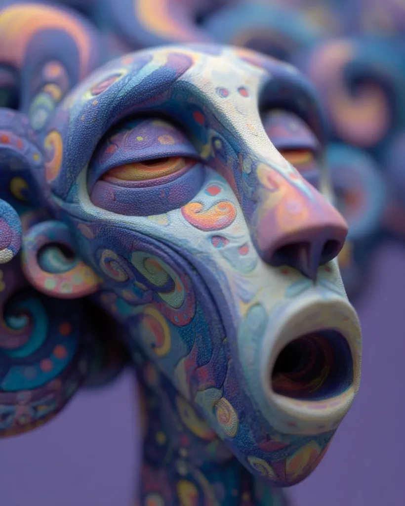 A close-up shot reveals a meticulously crafted sculpture, possibly of a face or head, adorned with vibrant, swirling patterns in shades of purple, blue, and pastel orange. The texture is visibly tactile, suggesting a material like clay or polymer.  The expression is one of a slightly open mouth, conveying a sense of wonder or surprise. The intricate detail and color palette create a whimsical and slightly surreal effect.
