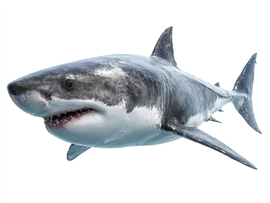 A great white shark is depicted in a three-quarter view, its powerful body angled towards the viewer. The shark's characteristic white underside contrasts sharply with its dark gray back, and its rows of sharp teeth are clearly visible. The image is set against a clean white background, highlighting the shark's imposing size and presence.  Its pectoral fins are extended, suggesting movement through the water.