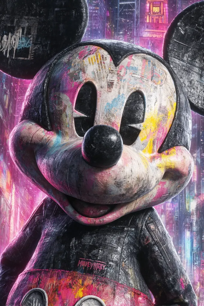 A gritty, cyberpunk-style depiction of Mickey Mouse.  His iconic form is heavily textured, appearing weathered and covered in layers of paint splatters and graffiti. He wears a worn black jacket, and the background is a vibrant, neon-lit cityscape. The overall aesthetic is dark, edgy, and a stark contrast to Mickey's traditional cheerful image.  The image has a "Mauvey Wurry" logo on his jacket.