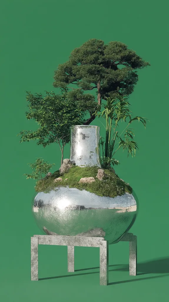 A silver, bulbous vase sits on a simple metal stand against a vibrant green backdrop.  The vase is filled with miniature trees, shrubs, and moss, creating a small, contained landscape.  The reflective surface of the vase subtly reflects the surrounding environment. The overall image is serene and evokes a feeling of tranquility and minimalist design.