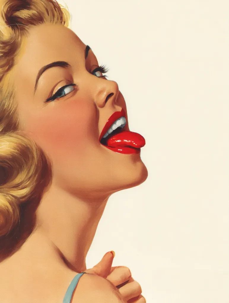 A stylized pin-up girl with blonde, wavy hair and bright red lipstick playfully sticks out her tongue. Her pose is alluring, her gaze directed slightly away from the viewer.  The image is rendered in a classic, possibly mid-20th century, illustrative style with smooth skin tones and a focus on her features. The background is a simple, off-white.