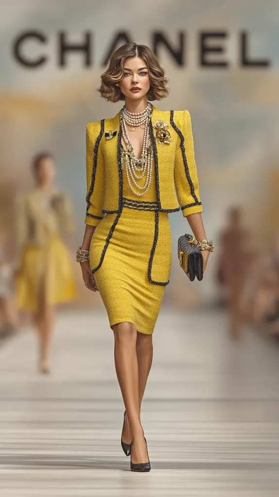 A model strides down a runway, showcasing a vibrant yellow Chanel suit. The knee-length skirt and matching jacket are accented with black piping.  She's adorned with a pearl necklace and several bracelets, holding a black clutch. Her short, wavy hair and confident pose complete the sophisticated look against the blurred background of the Chanel logo and other models.
