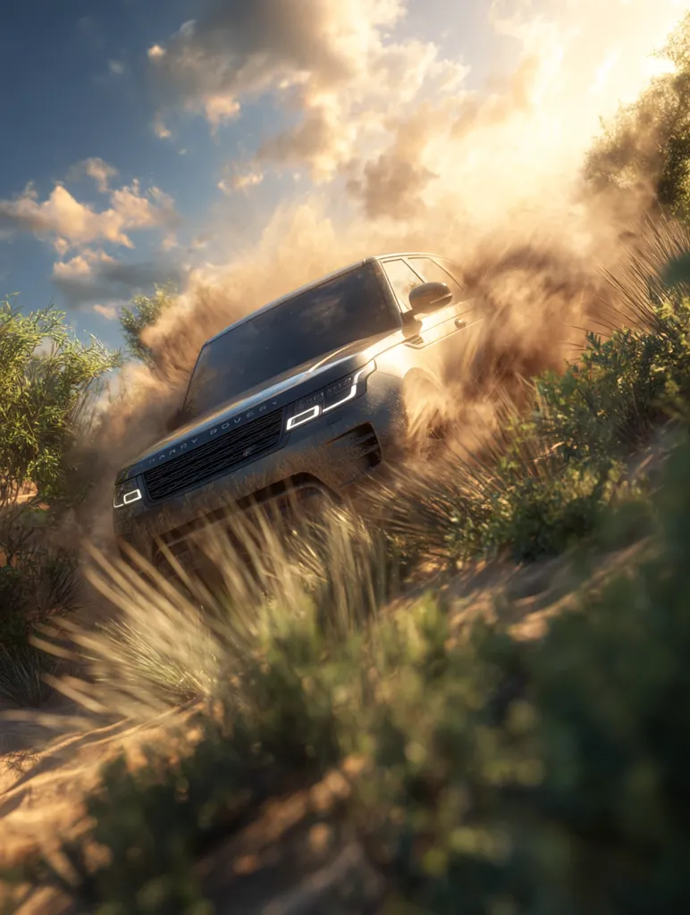 A dark-colored Land Rover Range Rover ascends a sandy incline, kicking up a cloud of dust. The SUV is partially obscured by the dust and surrounding vegetation.  Sunlight streams from the upper right, illuminating the scene. The overall impression is one of power and adventure in a rugged, natural setting.