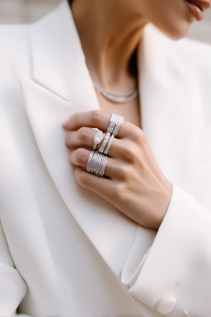 Close-up of a woman's hand adorned with multiple diamond rings, including a prominent engagement ring, stacked on her fingers. She's wearing a crisp white blazer, suggesting an elegant and sophisticated style. The diamonds sparkle brilliantly, catching the light.  The overall image exudes luxury and refined taste.