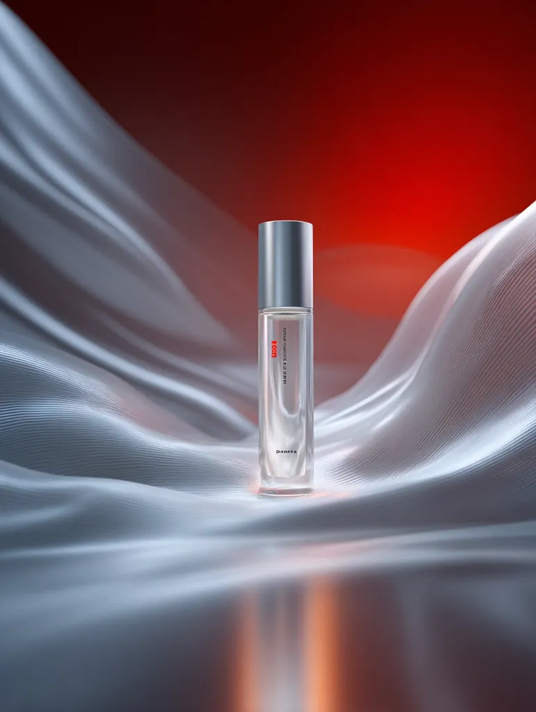 A sleek, silver perfume bottle rests on a flowing, light gray fabric.  The bottle's minimalist design is highlighted against the backdrop of a deep red hue subtly visible beneath the fabric.  The scene is dramatically lit, emphasizing the perfume's elegant simplicity and creating a luxurious atmosphere.  The brand name, partially visible, suggests a high-end product.