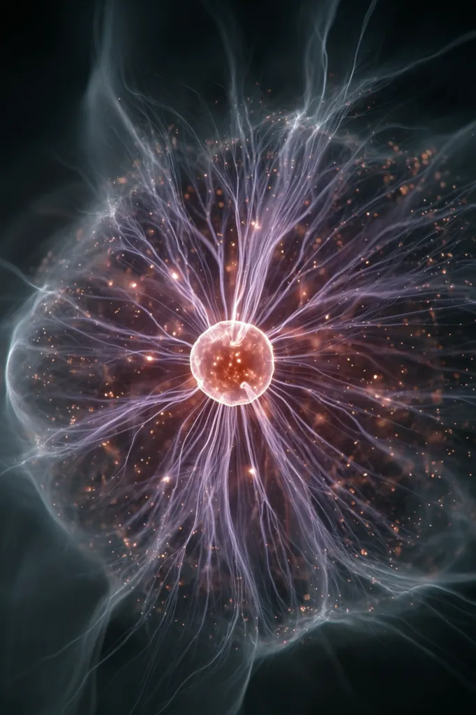 A mesmerizing image depicting a plasma globe.  Intricate, glowing tendrils of electricity radiate outwards from a central, reddish-orange orb, creating a visually stunning effect against a dark background.  The fine, ethereal strands of light and the central core evoke a sense of energy and cosmic wonder.  The overall impression is one of vibrant, contained power.