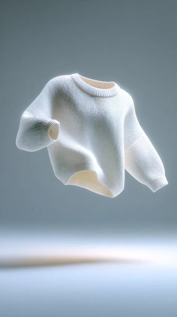 A white, chunky knit sweater floats against a muted blue background.  The sweater is shown in profile, showcasing its texture and relaxed fit.  The image has a minimalist aesthetic, emphasizing the garment's softness and simple design. The lighting creates a subtle highlight on the sweater's surface.