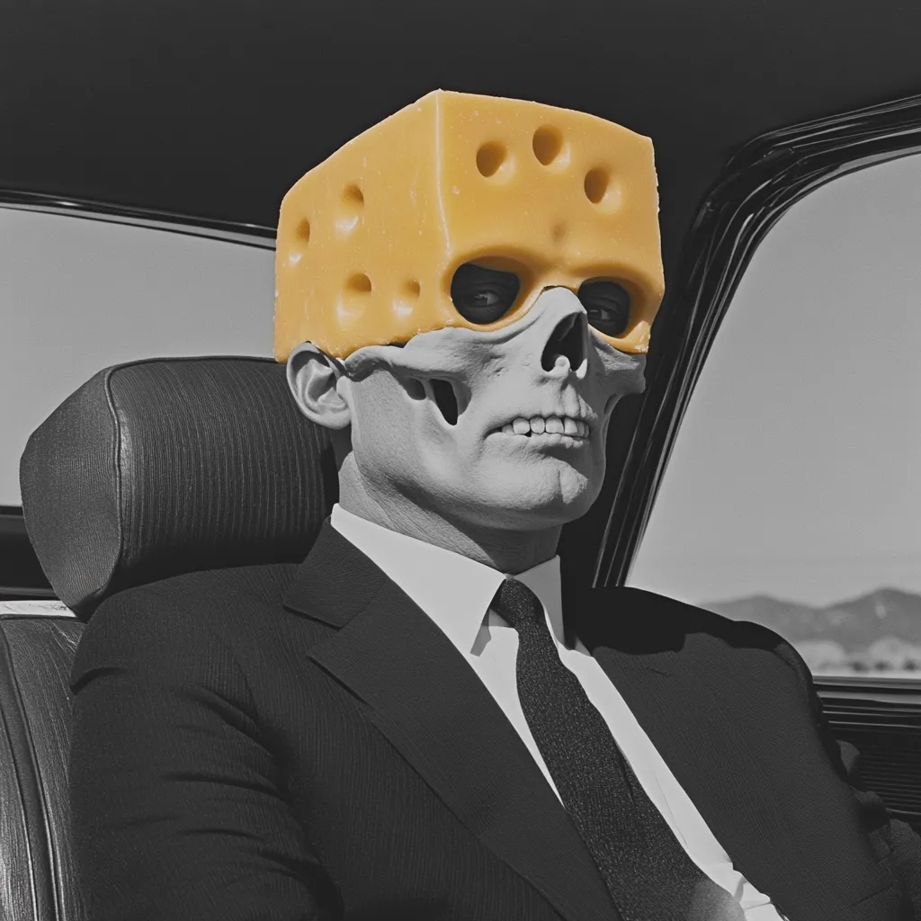 A monochromatic image depicts a man in a suit sitting in a car.  His face is a skull mask, partially obscured by a block of cheese resembling Swiss cheese, which sits atop his head like a hat. The contrast between the formal attire and the macabre mask creates a surreal and unsettling effect. The scene is subtly ominous, hinting at a dark humor or a commentary on societal appearances.