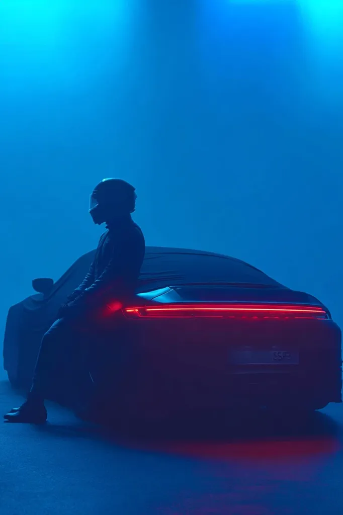 A silhouetted figure in a racing helmet sits on the back of a sleek, dark-colored sports car. The car's taillights glow red, contrasting with the cool blue ambient lighting.  The scene is moody and evocative, emphasizing the car's lines and the driver's contemplative pose. The overall aesthetic is minimalist and stylish.