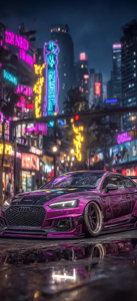 A vibrant purple Audi RS5 Coupe is parked on a city street at night.  The car is highly modified, featuring aftermarket wheels and a custom body kit. The background is a bustling cityscape with neon signs and bright lights reflecting in wet pavement, creating a cyberpunk aesthetic.  The image's focus is on the car, sharply contrasted against the blurred city backdrop.