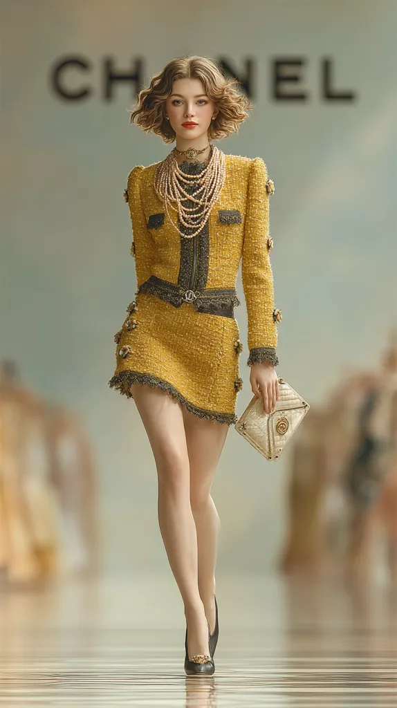 A young woman with short, curly brown hair strolls down a runway, showcasing a stylish yellow tweed Chanel suit.  The ensemble includes a matching jacket and mini skirt, adorned with dark trim and gold buttons. She accessorizes with a pearl necklace and a light-colored clutch, completing the look with elegant black heels. The background subtly features the Chanel logo and a blurred crowd of onlookers.