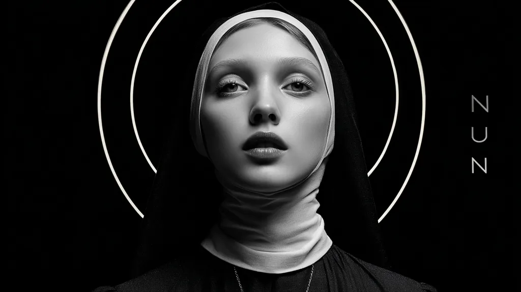 A black and white close-up portrait of a young woman dressed as a nun.  She wears a simple habit and her face is serene.  A halo-like effect of concentric circles is visible behind her, with the word "NUN" subtly placed to the right. The image is stark, dramatic, and evocative of religious themes or artistic symbolism.