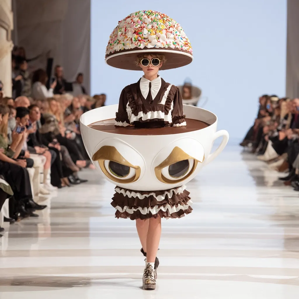A model struts down a runway, enveloped in a whimsical costume resembling a giant teacup filled with chocolate.  The cup features large, expressive eyes, and the model wears a matching chocolate-colored dress and a whimsical hat adorned with colorful sprinkles.  The audience observes from the sidelines as the model showcases this unique and playful fashion statement.