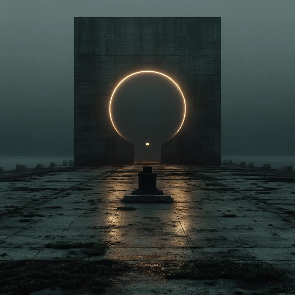 A minimalist digital artwork depicts a large, dark concrete structure with a glowing circular aperture.  A small, dark object rests on a weathered platform in front of the structure, leading the eye towards the luminous ring and a faint light beyond. The scene is set in a misty, desolate landscape, creating a mysterious and atmospheric mood. The overall aesthetic is dark, futuristic, and somewhat melancholic.