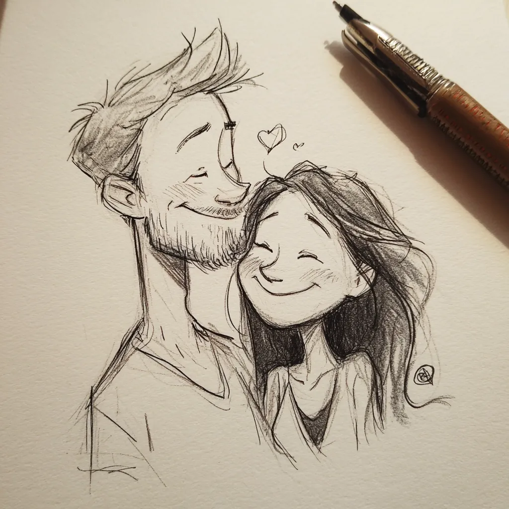 A charming pencil sketch depicts a tender moment between a man and a woman.  The man, with a beard and tousled hair, rests his head gently against the woman's, her eyes closed in peaceful contentment.  Their closeness and the small heart subtly drawn above them convey a sense of love and intimacy. The style is loose and expressive, capturing a sweet, affectionate scene. A pen rests nearby, suggesting the artwork's creation.