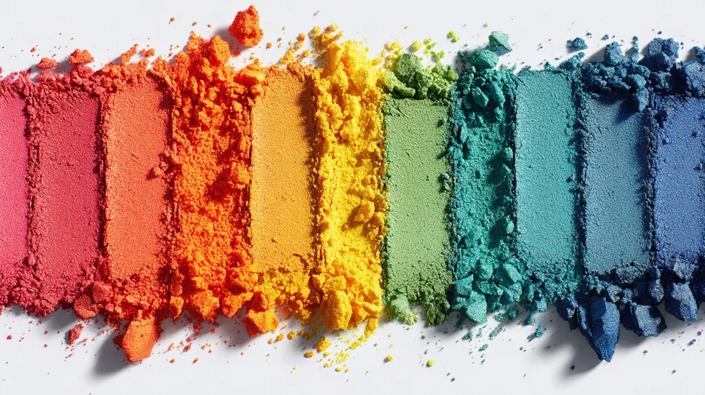 A vibrant spectrum of crushed eyeshadow powder is displayed against a stark white background.  The colors transition smoothly from a deep red, through oranges and yellows, to greens, blues, and finally a dark navy.  The texture of the finely milled powder is clearly visible, showcasing its rich pigmentation and varied shades. The arrangement creates a striking visual representation of color gradation.