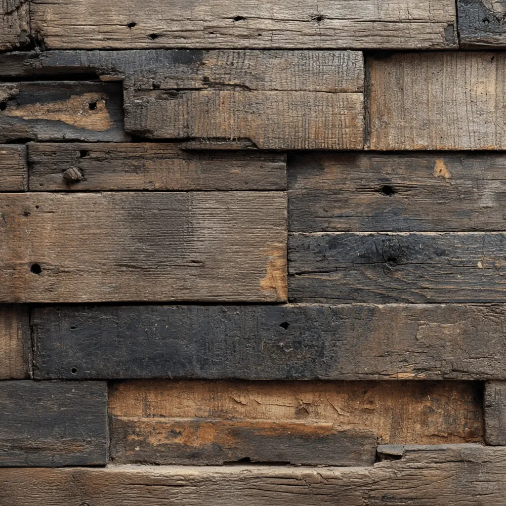 A close-up shot reveals a wall constructed from reclaimed wood planks. The planks vary in shades of brown and dark gray, showcasing their age and weathered texture.  The wood is visibly aged, with knots, holes, and varying degrees of discoloration creating a rustic and textured surface.  The planks are arranged in a somewhat irregular pattern, adding to the overall rustic aesthetic.