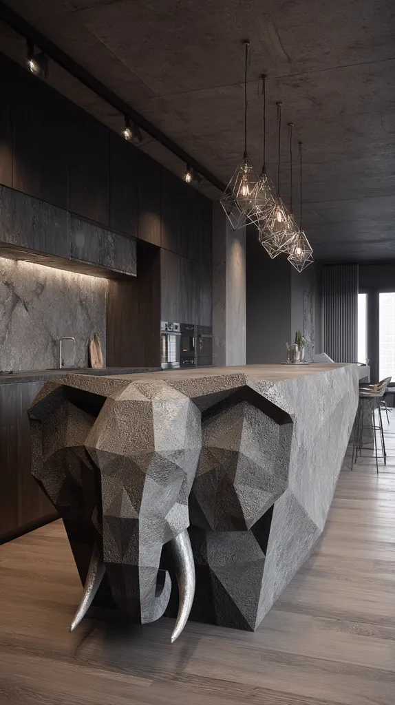A modern kitchen features a striking, geometrically-designed kitchen island shaped like an elephant's head.  The island and cabinetry are dark grey, contrasting with a light wood floor.  Industrial-style pendant lights hang above, completing the sophisticated, masculine aesthetic of the space.  The overall design is dramatic and bold.
