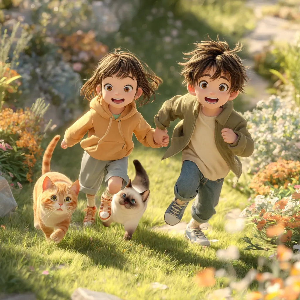 A charming illustration depicts two anime-style children, a girl in a mustard-yellow hoodie and a boy in an olive jacket, joyfully running hand-in-hand through a sun-drenched garden.  Two cats, an orange tabby and a Siamese, playfully trot alongside them.  The scene is vibrant with blooming flowers and lush green grass, creating a cheerful and idyllic atmosphere.