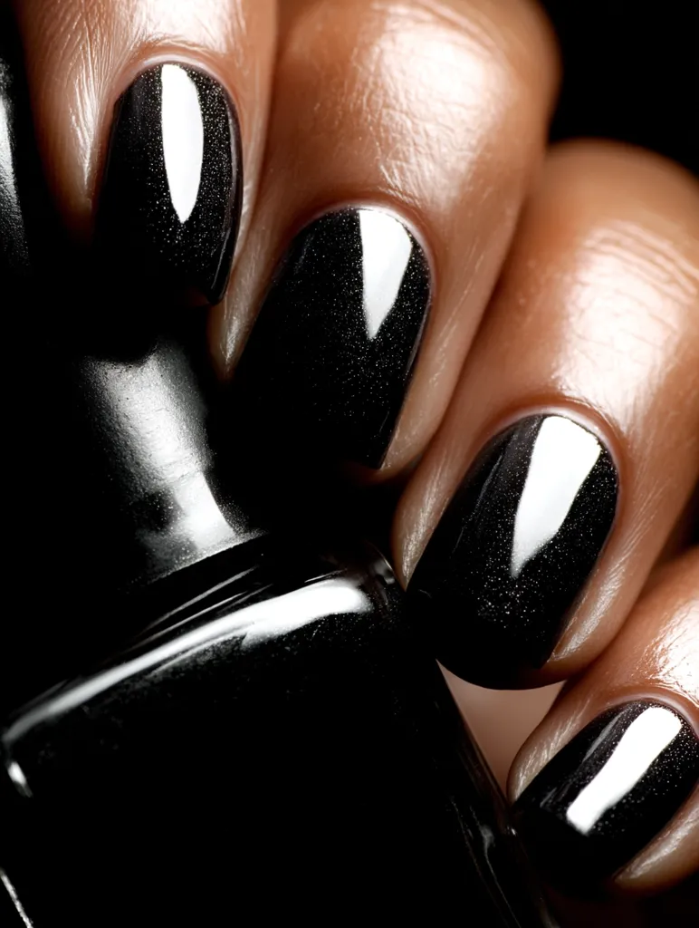 A close-up shot showcases a hand adorned with dark, glossy black nail polish.  The nails are meticulously manicured, each exhibiting a subtle sparkle.  The hand rests gently on a bottle of matching black nail polish, emphasizing the deep, rich color and its reflective surface. The image is dark and moody, highlighting the luxurious feel of the manicure.