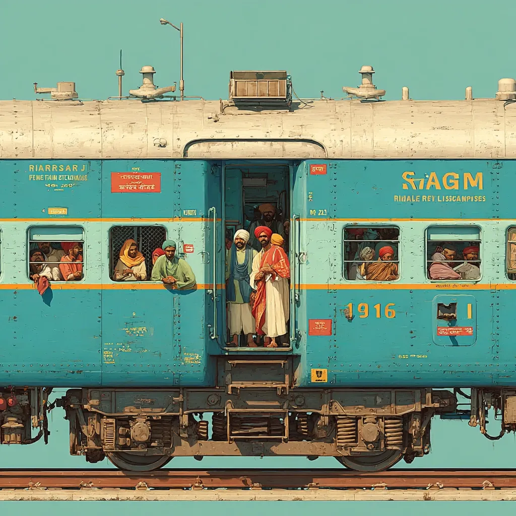 A teal-blue train carriage, numbered 1916, is depicted.  Passengers, many wearing traditional Sikh attire, are visible both inside and peering from windows.  The train's name, "RIARRSAR J," and other markings in multiple languages are visible on its side. The scene suggests a journey in a hot, sunny climate. The overall style is reminiscent of vintage travel posters.