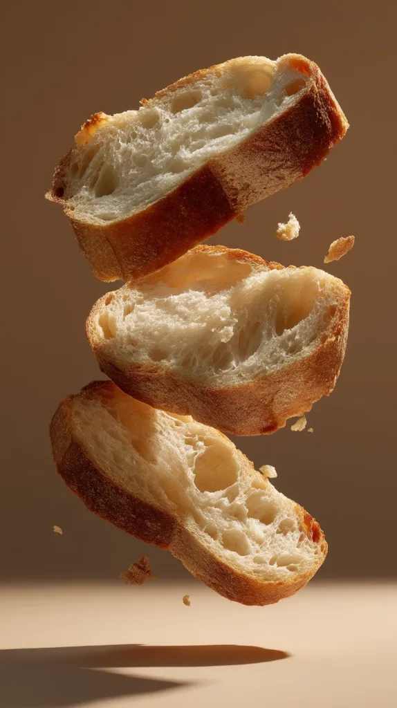 Three slices of crusty bread are captured mid-air against a muted brown background.  The slices, seemingly tossed, show a light, airy crumb structure.  Crumbs are scattered around them, emphasizing the lightness and freshness of the bread. The image is visually appealing, highlighting texture and the sense of motion.
