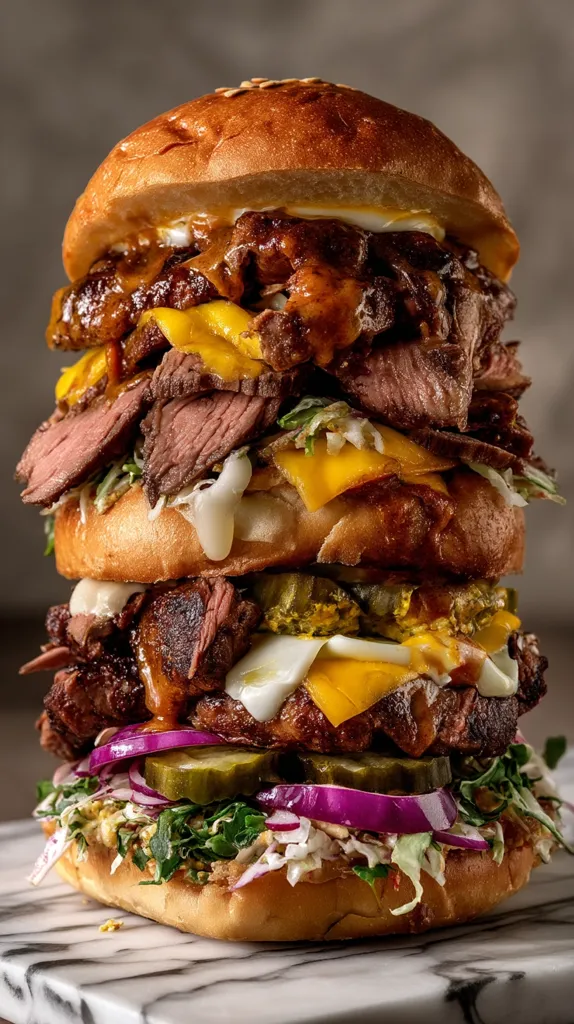 A colossal double-decker burger towers majestically.  Two fluffy buns cradle layers of succulent, sliced beef, melted cheese, crisp pickles, vibrant red onions, and a creamy slaw.  A rich, dark sauce adds depth to this visually stunning and mouthwatering culinary creation. The burger exudes richness and flavor, promising a decadent and satisfying meal.