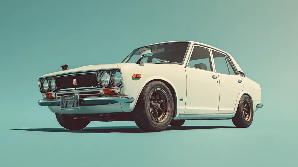 A classic white Japanese sedan, possibly a Toyota Corona or similar model, is showcased against a muted teal backdrop.  The car is presented in a three-quarter view, highlighting its clean lines and vintage aesthetic.  The image evokes a sense of nostalgia and understated elegance, with a focus on the car's design and the soft lighting. The license plate is visible, adding a touch of realism.