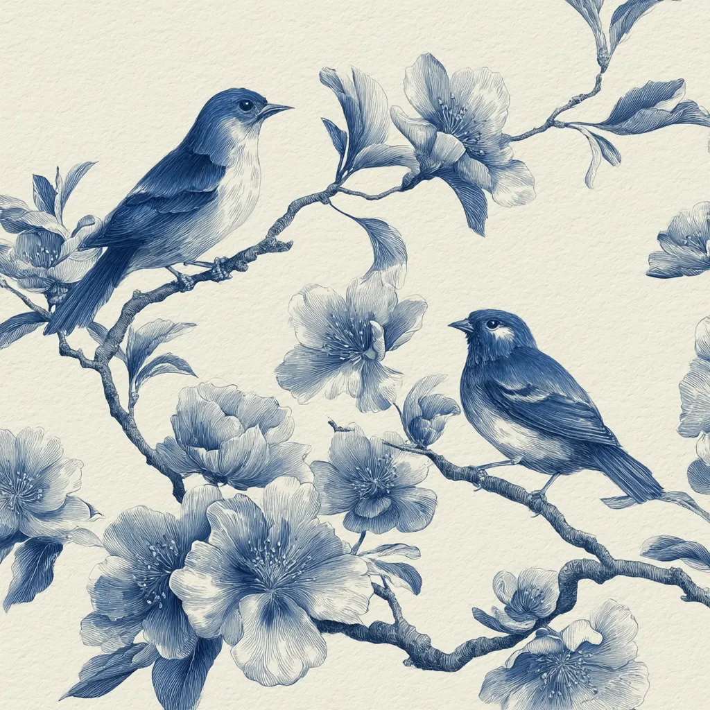 A delicate blue and white illustration showcases two birds perched on blossoming branches.  Intricate linework details the birds' feathers and the flowers' petals, creating a serene and elegant floral motif. The style suggests a vintage or botanical print, possibly inspired by East Asian art.  The cream background enhances the blue tones, providing a calming contrast.