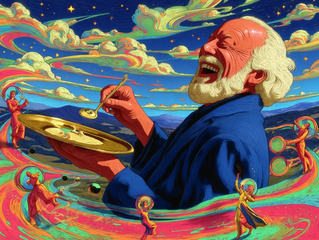 A vibrant, surreal artwork depicts a joyful, elderly man with a long white beard, laughing as he holds a large golden dish. He uses a spoon to add a creamy substance.  Surrounding him are figures in flowing, colorful robes, seemingly engaged in a whimsical dance amidst swirling, rainbow-hued clouds and stars in a psychedelic landscape. The overall style is highly expressive and imaginative.