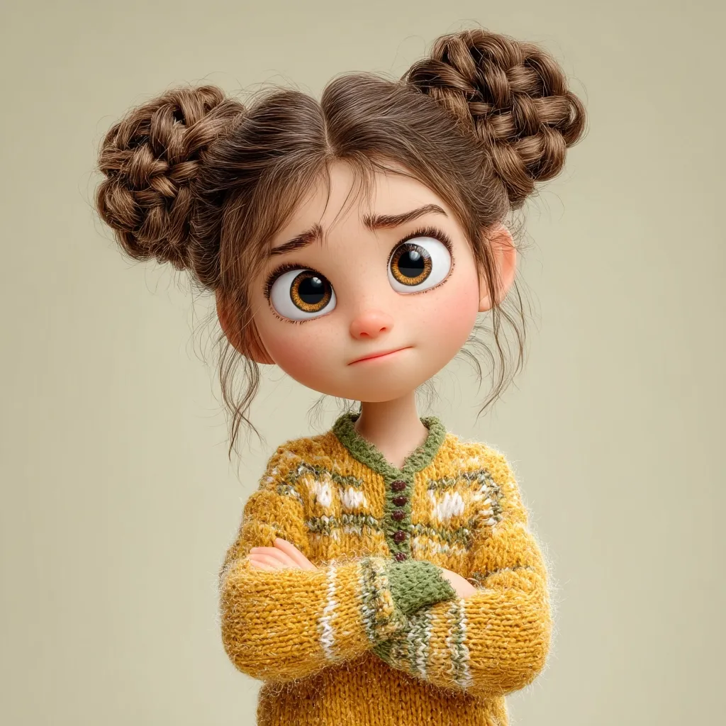 A 3D-rendered image showcases a cute, cartoon girl with brown hair styled in braided buns.  She's wearing a yellow knitted sweater with a patterned design, her arms crossed in a thoughtful pose.  Large, expressive eyes and a slightly furrowed brow convey a pensive or slightly grumpy mood.  The overall style is charming and whimsical.