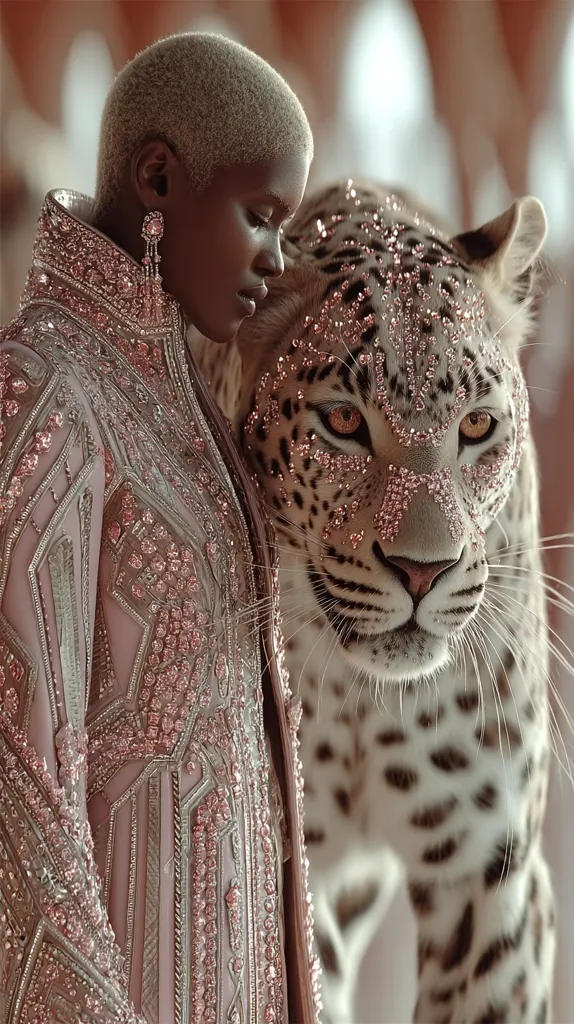 A woman with a short, light blonde haircut, adorned in a pink, embellished coat, stands close to a large leopard. The leopard's coat is speckled with what appears to be pink crystals or jewels, mirroring the ornate detailing on the woman's clothing.  Both subject and animal share a calm and regal presence, creating a striking juxtaposition of human and wildlife. The overall aesthetic is luxurious and surreal.