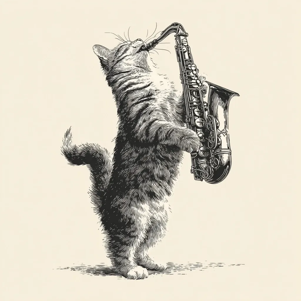 A black and white illustration depicts a cat standing on its hind legs, playing a saxophone.  The cat is rendered in a detailed, textured style, suggesting fur. The saxophone is meticulously drawn, showing its valves and keys. The overall style is reminiscent of vintage woodcuts or engravings, creating a whimsical and slightly surreal image.  The cat appears focused and poised, as if genuinely playing the instrument.