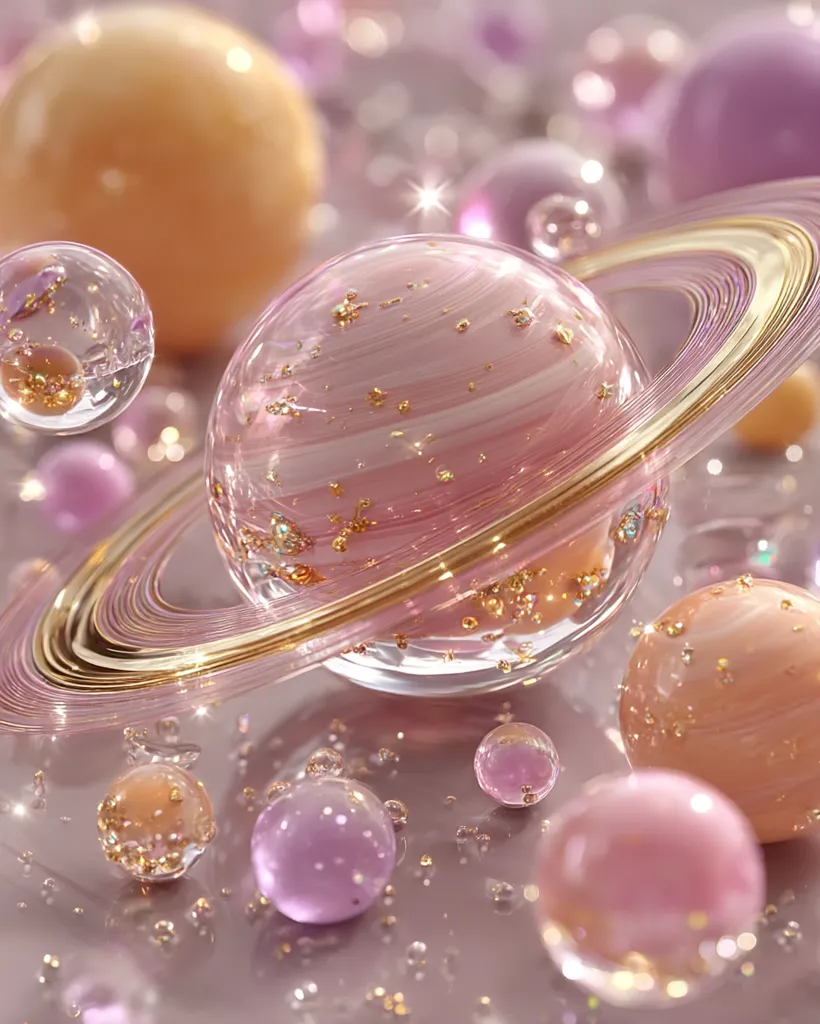 A digitally rendered image showcases a dreamy, pastel-colored scene. A large, glass orb resembling a planet with a gold ring system is the focal point, surrounded by smaller, similarly styled spheres in varying shades of pink and peach.  The orbs are adorned with gold flecks, creating a sparkling, ethereal effect.  Tiny bubbles float in the background, adding depth and enhancing the overall whimsical, celestial aesthetic.