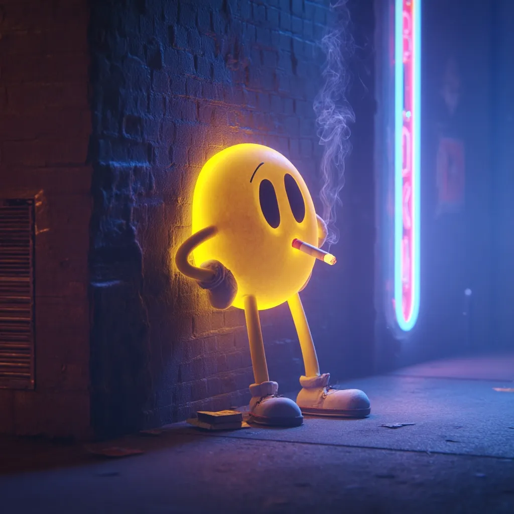 A glowing, Pac-Man-like character with legs and shoes, leans against a brick wall in a dimly lit alleyway.  Smoke curls from a cigarette held in its mouth. Neon signs cast a purplish-blue glow on the scene.  The overall mood is melancholic and slightly surreal. A small object lies at its feet.