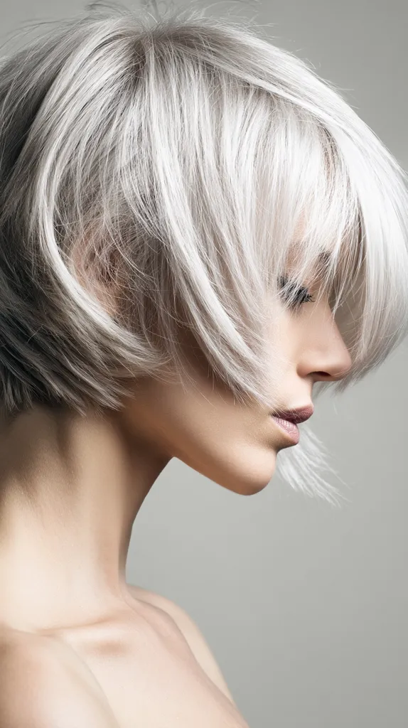A close-up profile view of a woman with short, platinum blonde hair.  The hair is styled in a bob, with layers framing her face. Her skin is fair and smooth, and her expression is serene. The image is minimalist and focuses on the texture of the hair and the soft lines of her face and neck. The background is a simple, neutral gray.