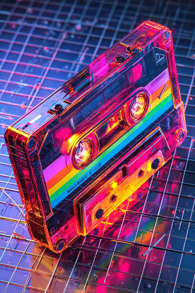A vibrant, stylized 3D rendering of a translucent cassette tape rests on a gridded surface.  The tape is illuminated with neon pink and orange hues, highlighting its internal mechanisms.  The rainbow colored label adds to the retro aesthetic.  The overall image evokes a feeling of 80s nostalgia and futuristic synthwave.  Shattered pieces of glass or similar material are scattered around the tape.