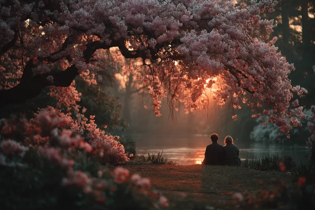 Silhouetted against a vibrant sunset, a couple sits beneath a breathtaking, blossoming cherry tree.  Pink petals cascade down, framing the tranquil scene beside a calm body of water. The warm light illuminates the couple and the surrounding lush foliage, creating a romantic and serene atmosphere.  The image evokes feelings of peace and quiet contemplation.