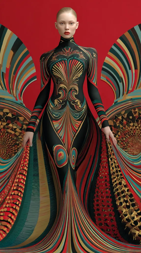 A stylized female figure is depicted in a flowing, abstract gown. The dress features swirling patterns in rich jewel tones of red, gold, teal, and black. The model's features are sharp and defined, contrasting with the fluid lines of her attire.  The background is a solid, deep red, accentuating the vibrant colors of the garment. The overall impression is one of sophisticated, artistic design.