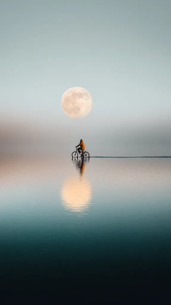 A lone cyclist pedals across a tranquil body of water, seemingly gliding under a large, luminous moon.  The sky is a soft, pale blue, and the water reflects both the moon and the cyclist, creating a serene and surreal atmosphere.  The image evokes a sense of peace and solitude.