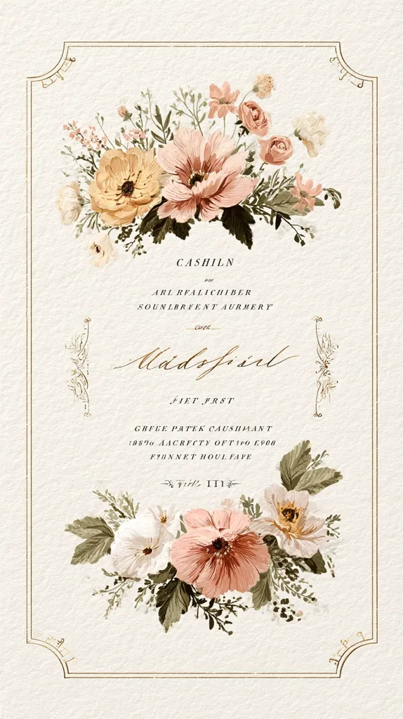 An elegant wedding invitation features a delicate floral arrangement of blush pink and yellow flowers.  The invitation details include the location "Cashiln," names "Arl Realichiber and Soundbrent Aurmery," and the couple's names "Madisfir" and "Faet Prst."  Additional details, possibly regarding the date and venue, are also listed beneath.  The overall aesthetic is romantic and vintage-inspired.