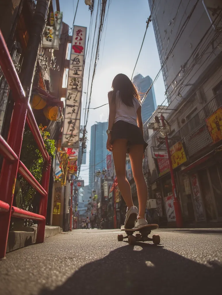 A young woman rides a skateboard down a narrow, sun-drenched street in a bustling Asian city.  Tall buildings line both sides of the street, displaying vibrant signage in a language other than English. The scene is dynamic, with the low angle shot emphasizing the height of the buildings and the bright sunlight.  She wears a simple white shirt and dark shorts.