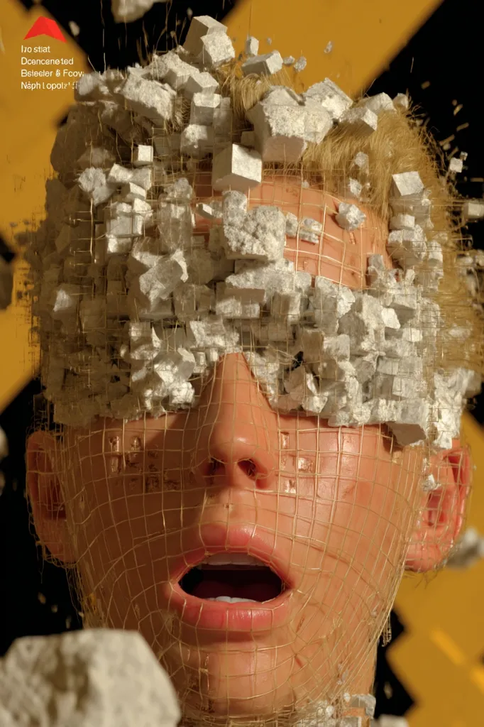 A 3D-rendered image depicts a person's face partially obscured by a mesh and crumbling, cube-like fragments.  The fragments appear to be breaking away from the face, creating a sense of disintegration or destruction. The background is a blurry yellow and black warning pattern. The overall effect is surreal and unsettling.