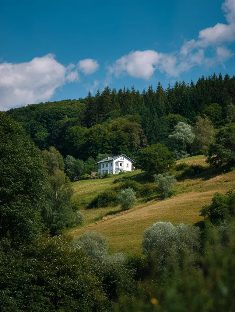 A white house sits atop a gently sloping hillside, nestled amongst lush greenery.  The hillside is covered in a mix of grasses and deciduous trees, leading up to a dense forest of evergreen trees under a bright blue sky dotted with fluffy white clouds. The scene is peaceful and idyllic, showcasing a tranquil rural setting.