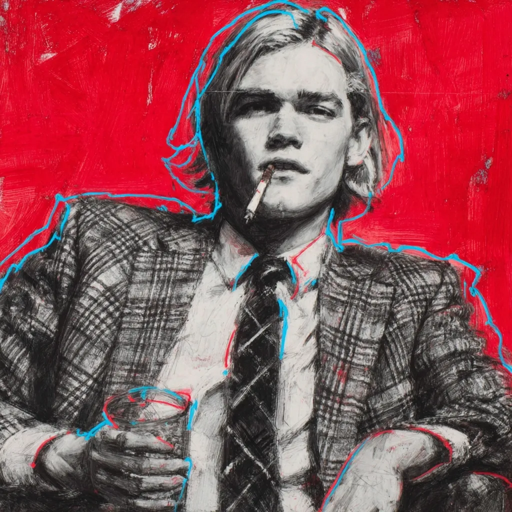 A striking portrait showcases a young man with shoulder-length blond hair, captured in a dynamic blend of charcoal and vibrant red paint.  He's dressed in a plaid suit, a tie neatly knotted, and holds a drink in one hand while a cigarette rests between his lips.  Bold, graphic outlines accentuate his features and the texture of his clothing, creating a powerful and expressive image. The red background adds a sense of urgency and intensity.