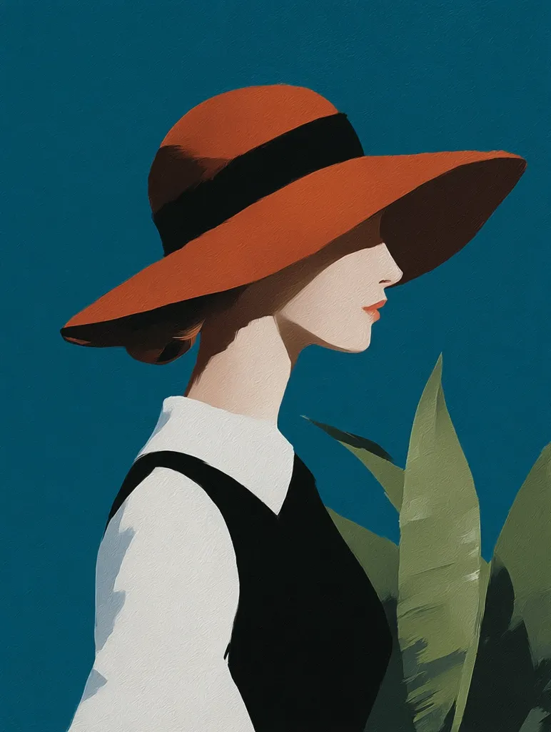 A stylized portrait of a woman in profile, wearing a large, wide-brimmed orange hat with a black band.  She's dressed in a white collared shirt and a black sleeveless dress. The background is a teal blue, with partially visible, large green leaves to her right. The painting style is minimalist and uses bold, flat colors.